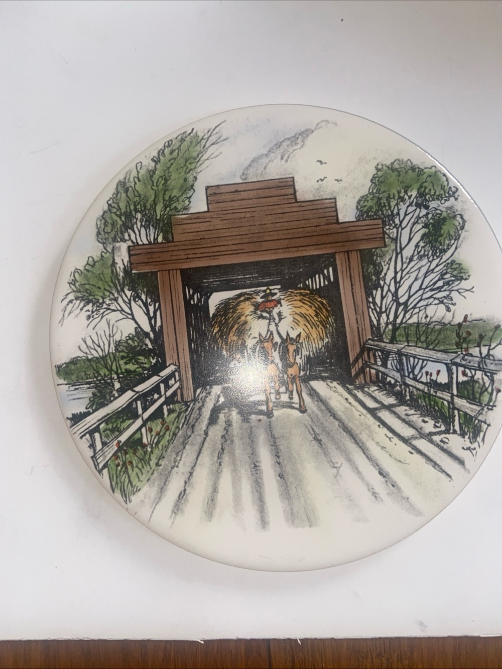 Covered Bridge Trivet - Cream & Green Country Scene made in England
